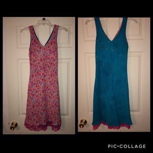 Reversible teal and pink summer dress with lace